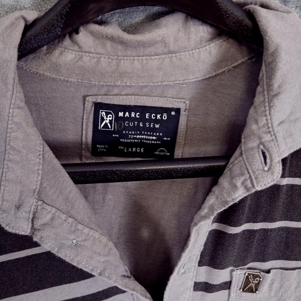 Marc Ecko Cut & Sew‎ Polo Shirt Mens Large Gray Striped Pocket Cotton Casual - Picture 9 of 9